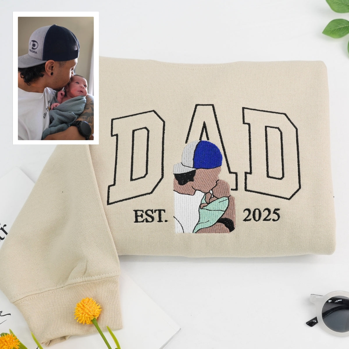 Dad Baby Portrait Custom Embroidered Hoodie - Personalized Father Sweatshirt - Father's Day Gift