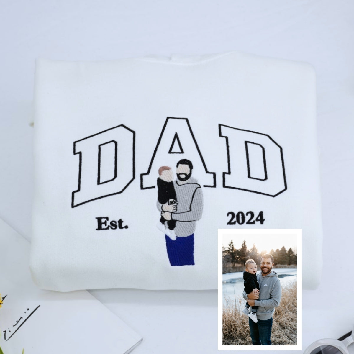 Dad Baby Portrait Custom Embroidered Hoodie - Personalized Father Sweatshirt - Father's Day Gift