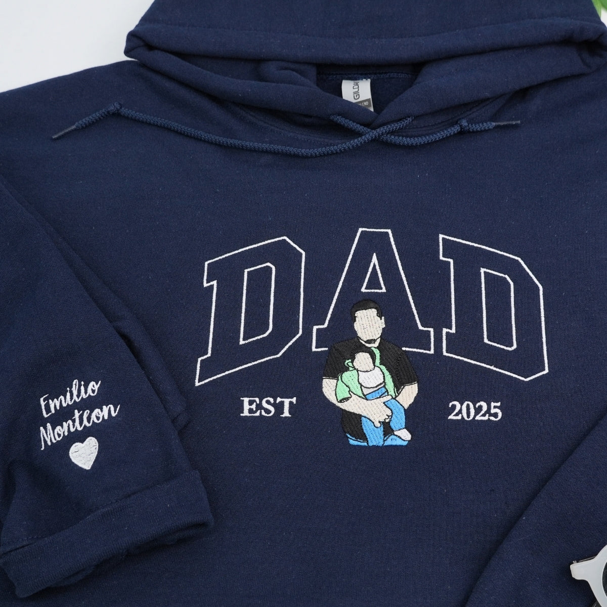 Dad Baby Portrait Custom Embroidered Hoodie - Personalized Father Sweatshirt - Father's Day Gift