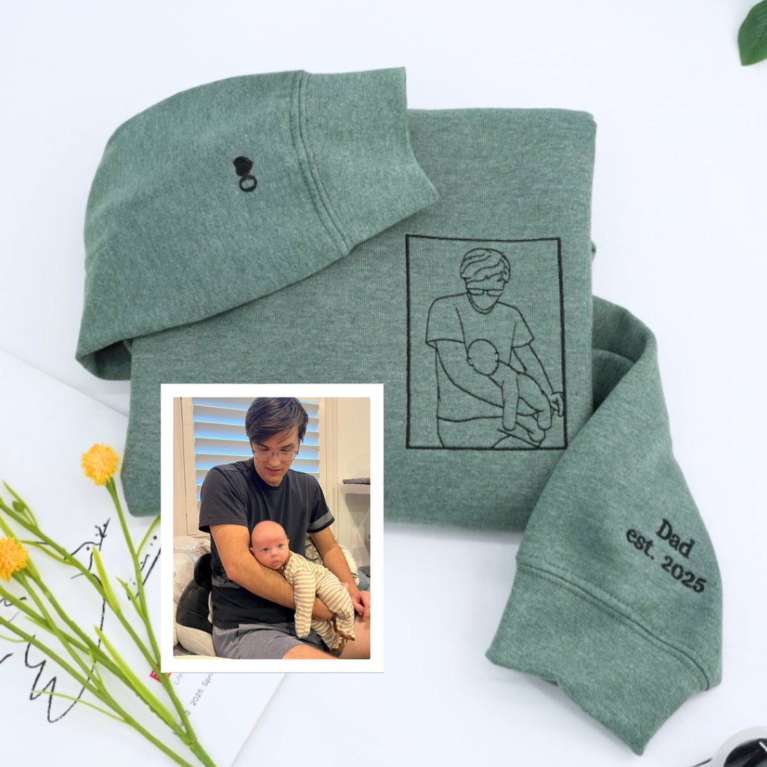 Dad Line Art Portrait Custom Embroidered Hoodie - Father & Baby - Personalized New Dad Gift