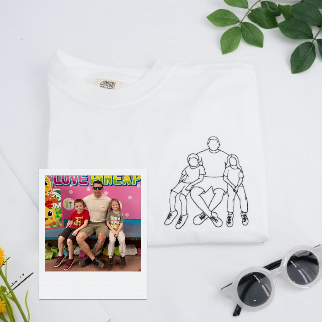 Dad Two Kids Custom Embroidered T-Shirt - Father Children Outline - Personalized Dad Gift