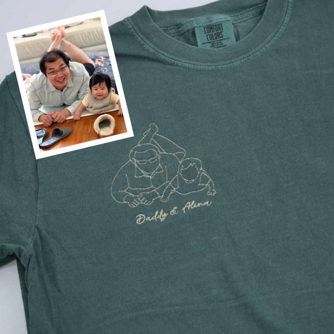 Dad Two Kids Custom Embroidered T-Shirt - Father Children Outline - Personalized Dad Gift