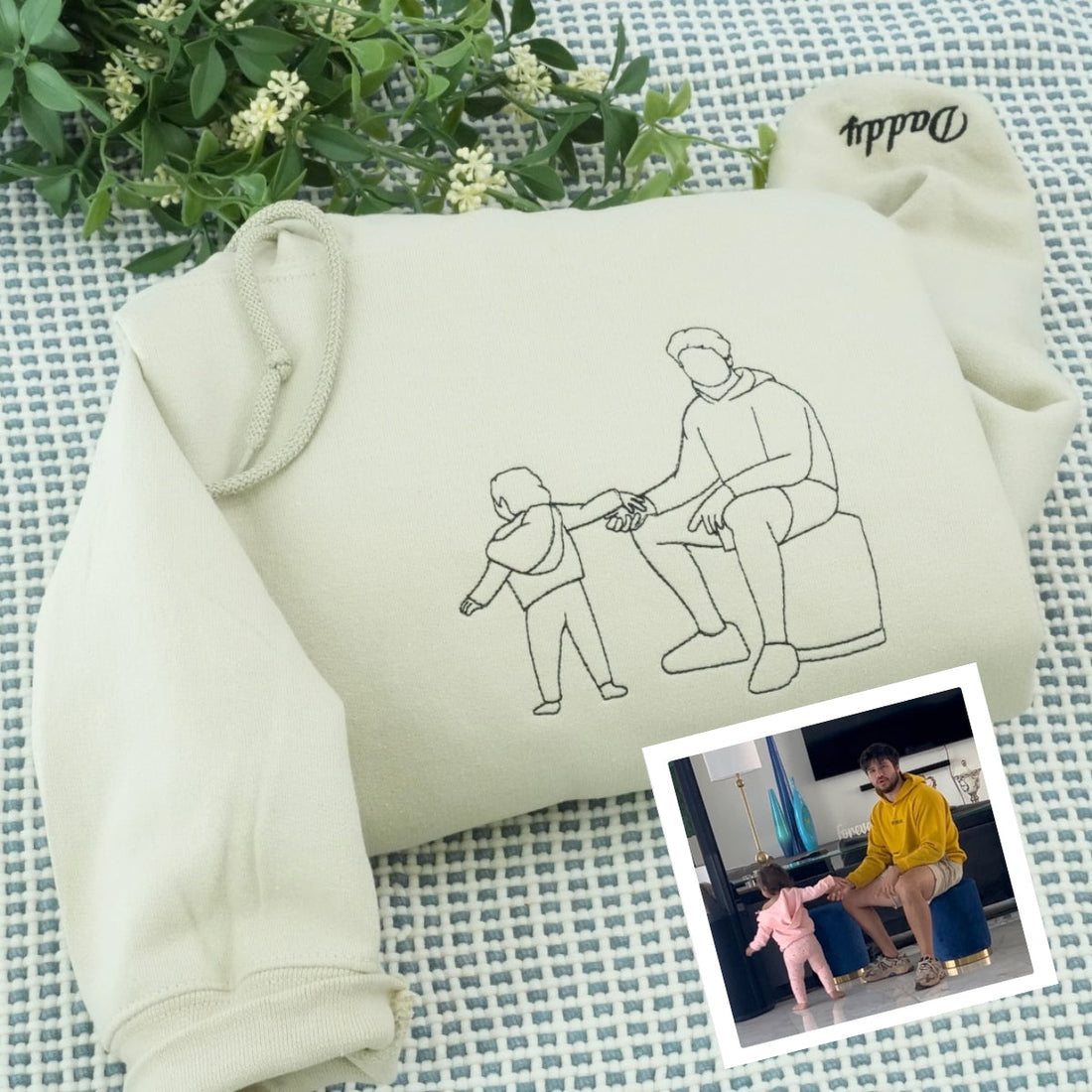 Daddy Custom Embroidered Hoodie - Father Child Line Art - Personalized Artistic Dad Gift