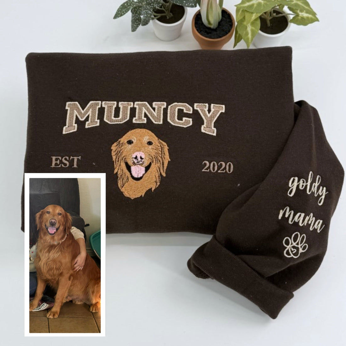 Dog Mom Custom Embroidered Hoodie - Varsity Pet Portrait - Personalized Golden Retriever Gift