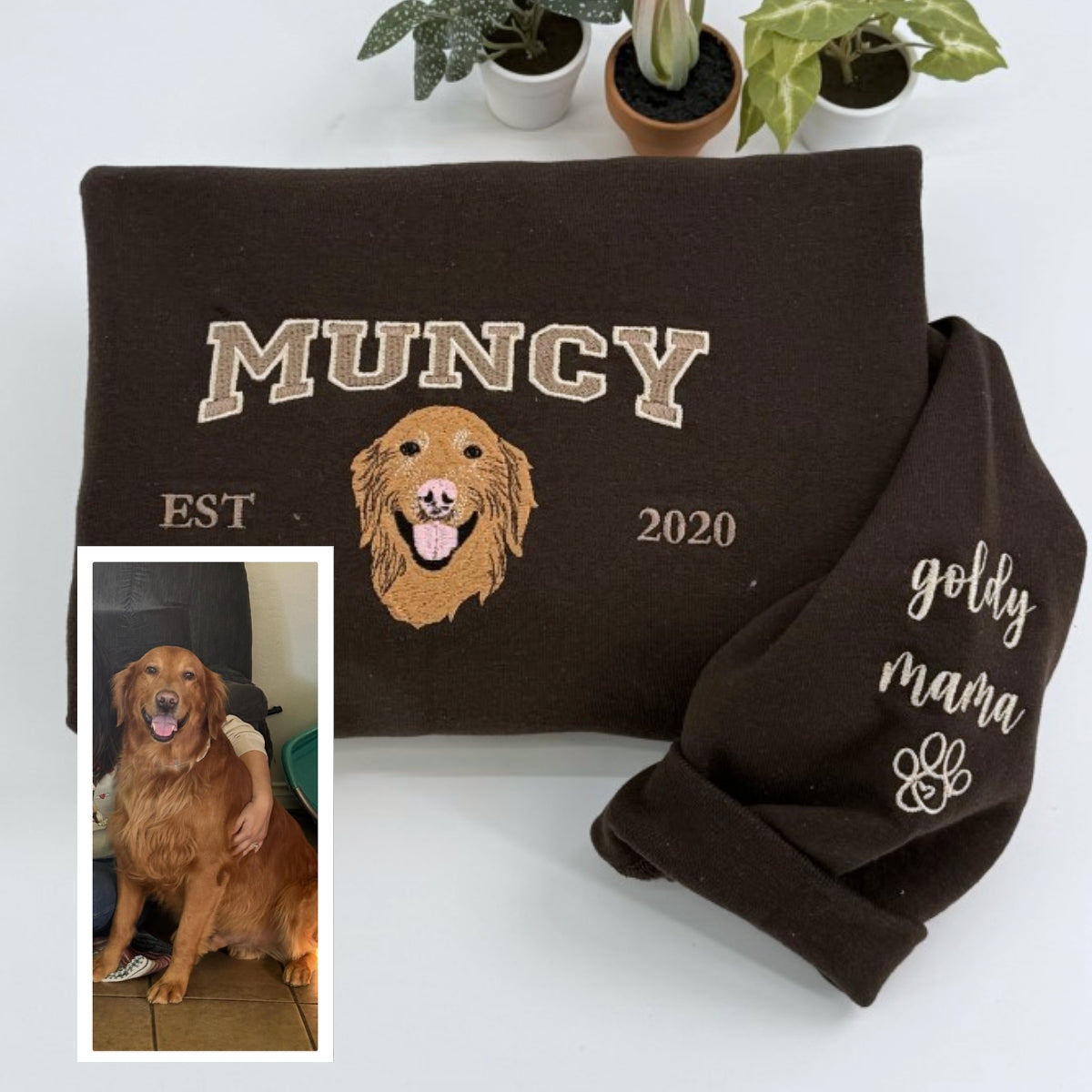 Dog Mom Custom Embroidered Hoodie - Varsity Pet Portrait - Personalized Golden Retriever Gift