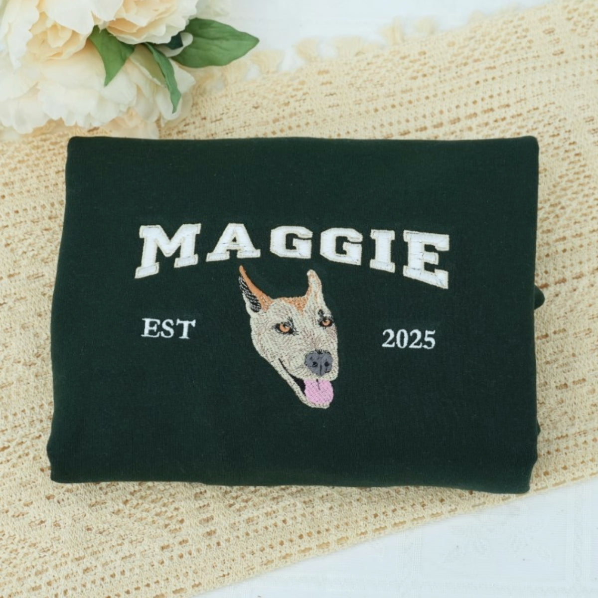 Dog Mom Custom Embroidered Hoodie - Varsity Pet Portrait - Personalized Golden Retriever Gift
