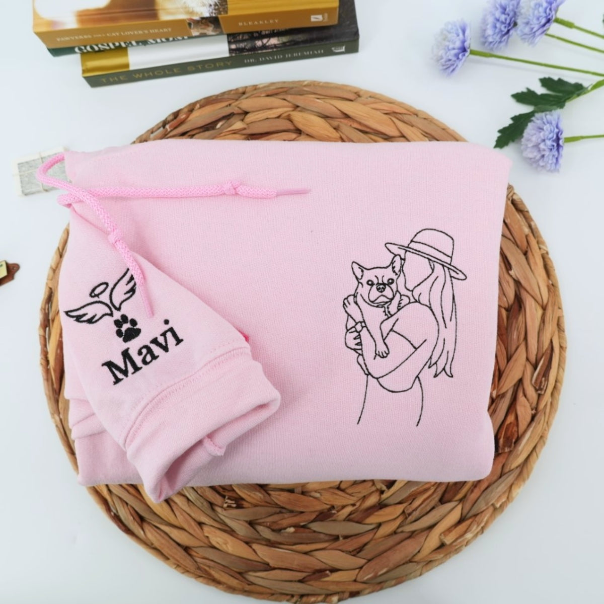 Dog Mom Line Art Custom Embroidered Hoodie - Pet Portrait - Personalized Artistic Dog Face Gift