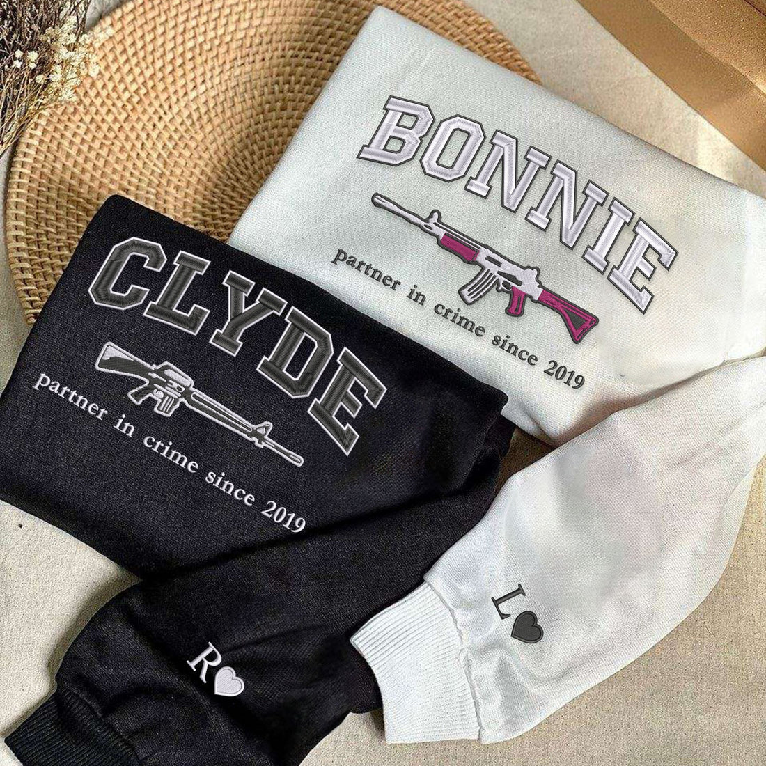 Bonnie and Clyde Matching Embroidered Hoodies - Personalized Couple Gift