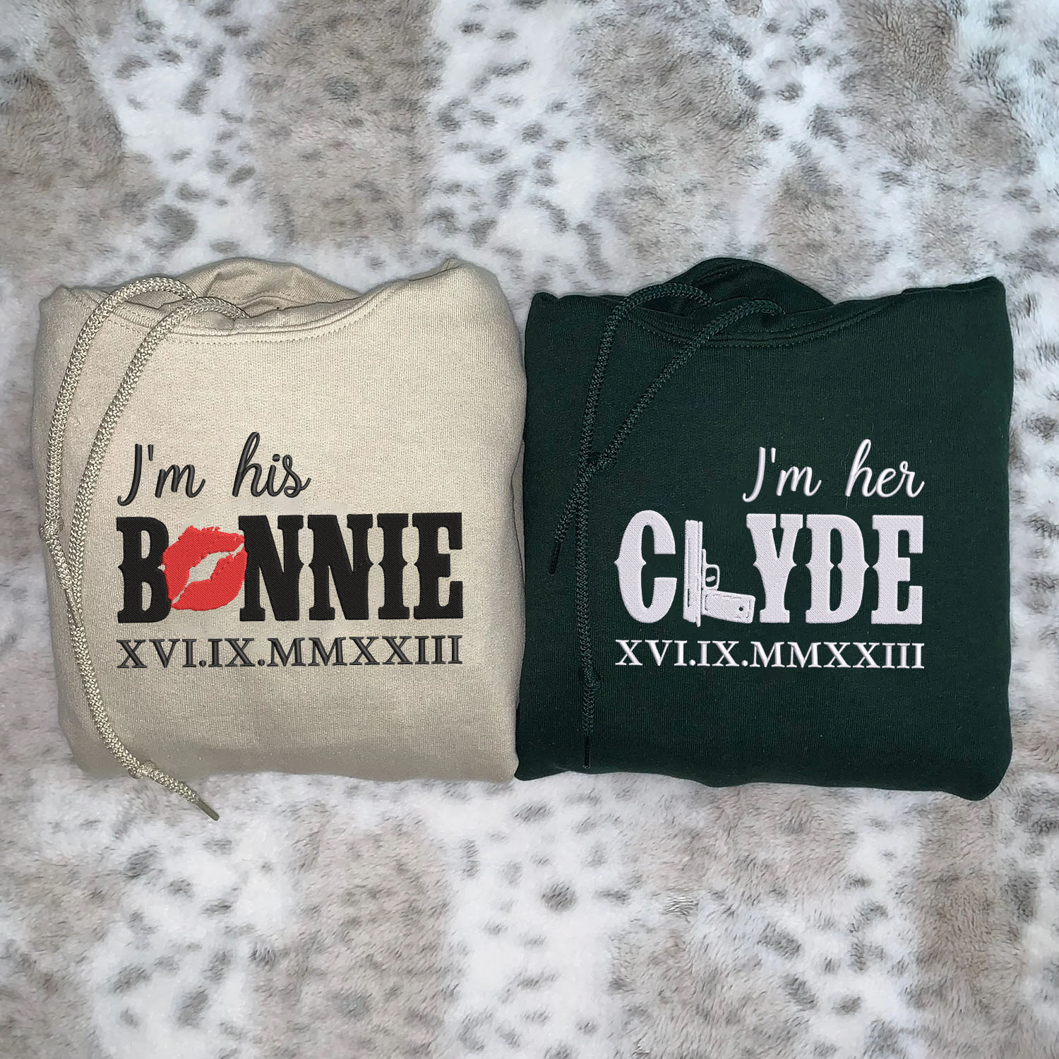 His Bonnie Her Clyde Embroidered Hoodies - Personalized Roman Numeral Couple Gift