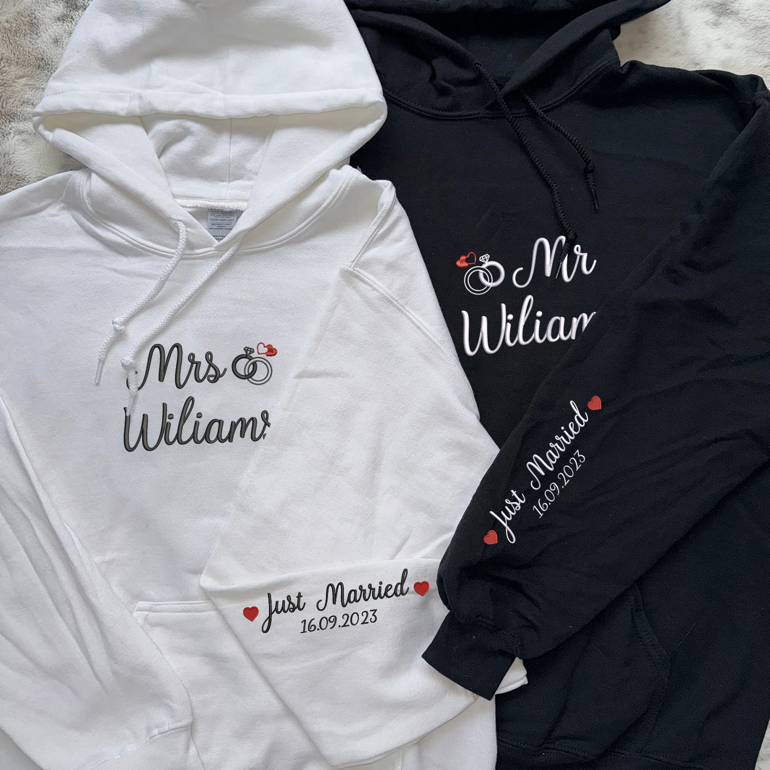 Mr & Mrs Embroidered Hoodies - Personalized Sleeve Detail - Wedding Gift