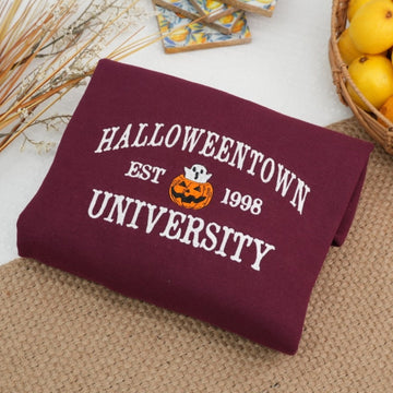 Fall Halloween Embroidered Hoodie - University Campus Sweatshirt - Pumpkin Ghost
