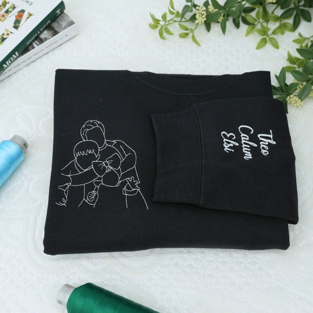 Family Line Art Embroidered Hoodie - Custom Family Portrait Sweatshirt - New Parent Gift