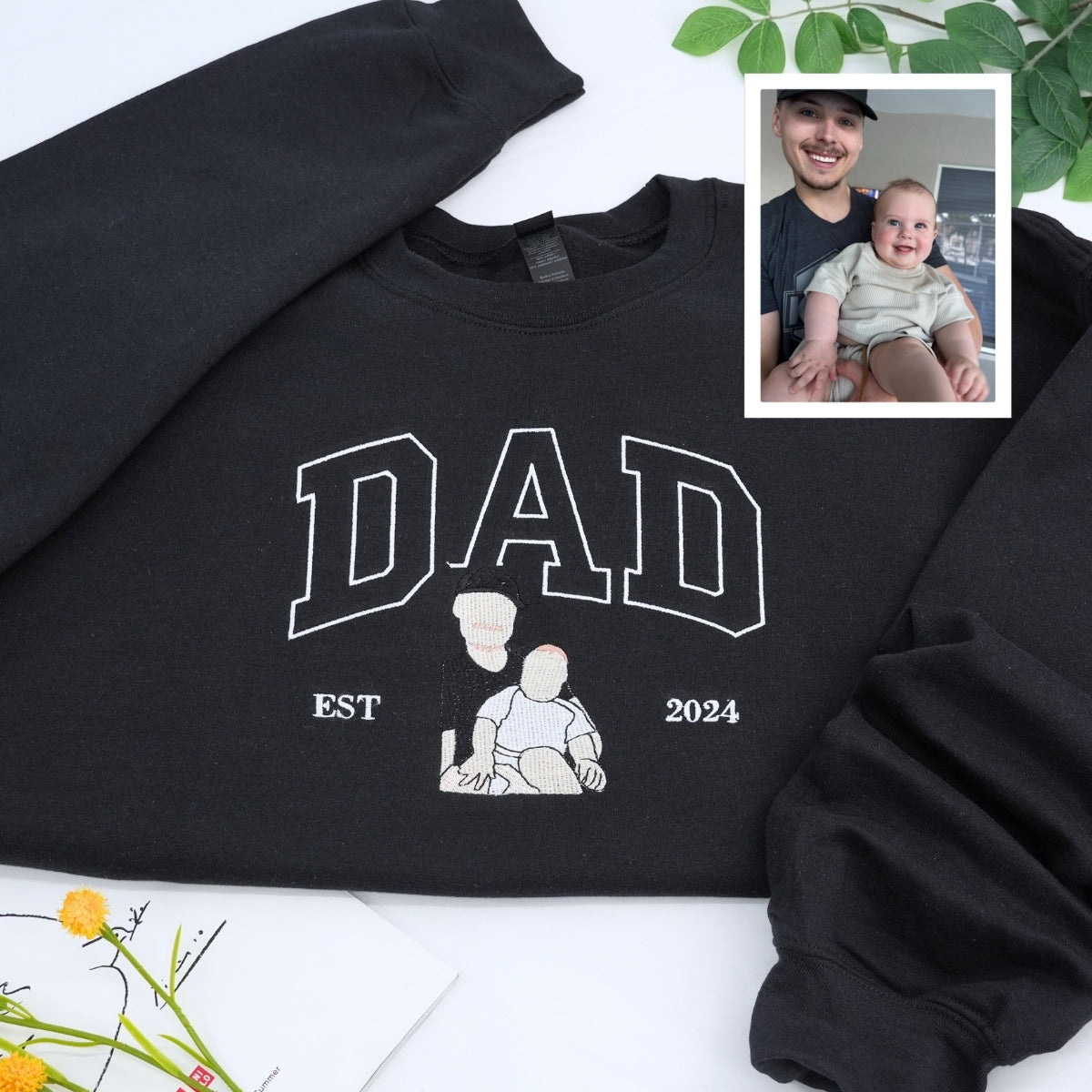 Father Portrait Embroidered Hoodie - Custom Dad Sweatshirt with Name - Father's Day Gift