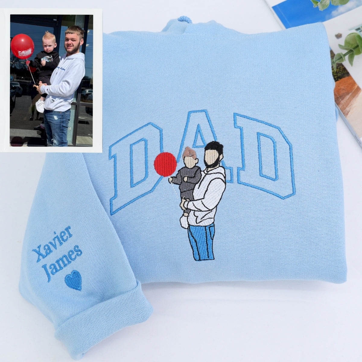 Father Portrait Embroidered Hoodie - Custom Dad Sweatshirt with Name - Father's Day Gift