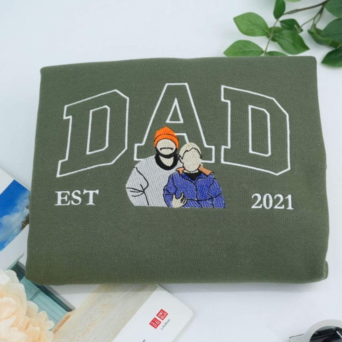Father Portrait Embroidered Hoodie - Custom Dad Sweatshirt with Name - Father's Day Gift