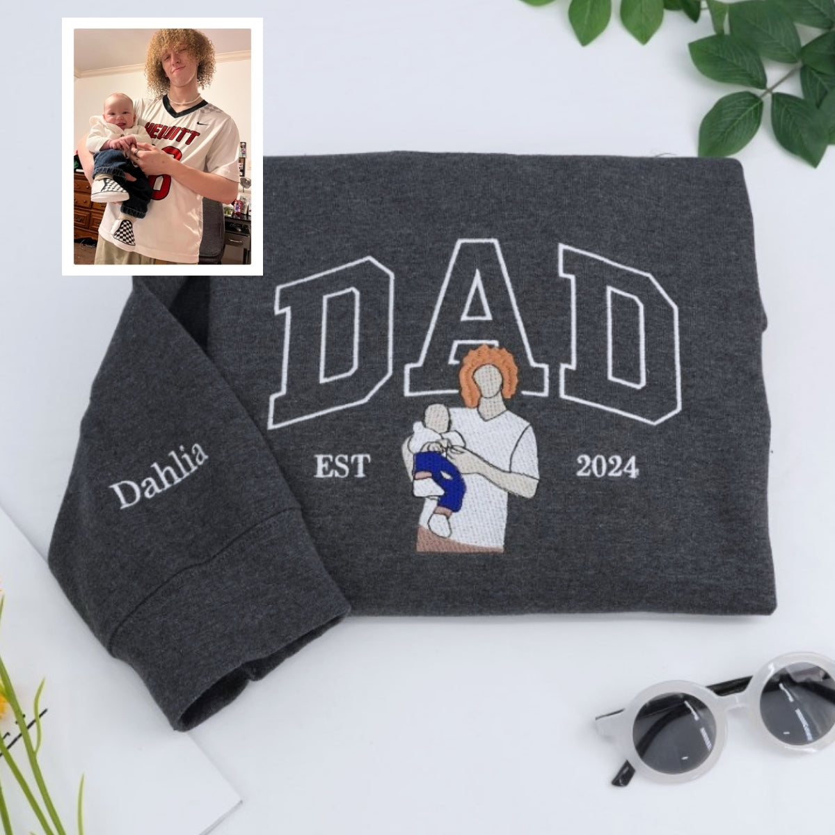 Father Portrait Embroidered Hoodie - Custom Dad Sweatshirt with Name - Father's Day Gift