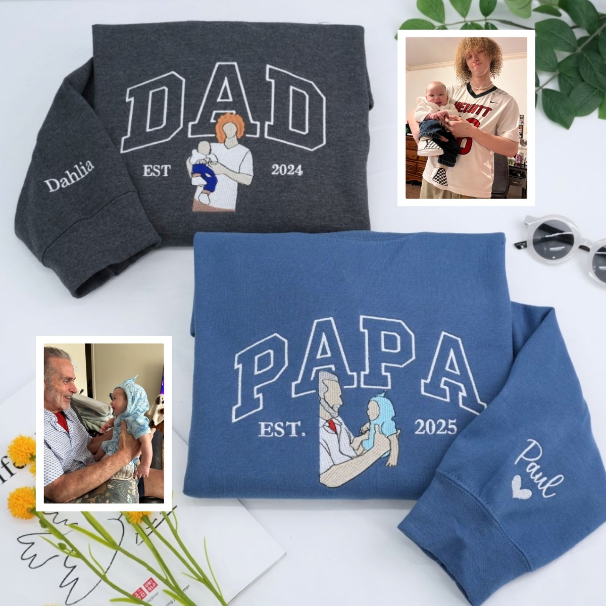 Father Portrait Embroidered Hoodie - Custom Dad Sweatshirt with Name - Father's Day Gift