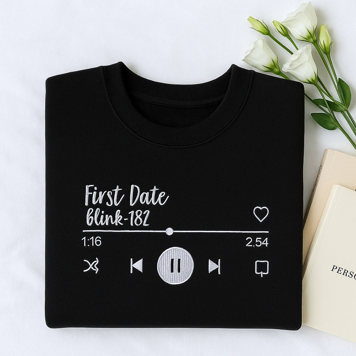 First Date Song Custom Embroidered Hoodie - Couple Music Player Sweatshirt - Anniversary Gift