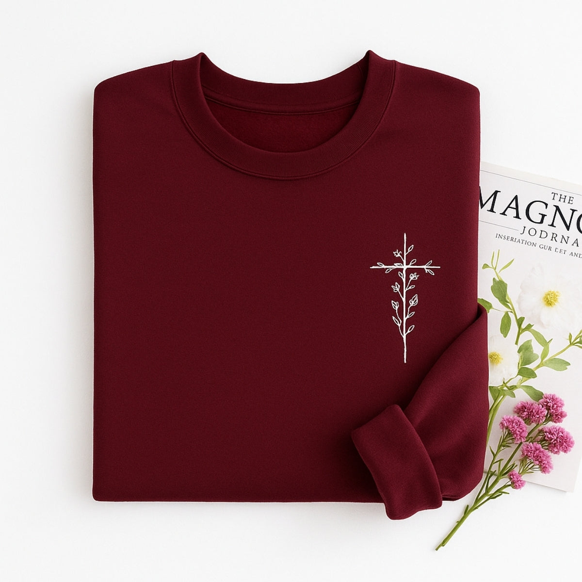 Floral Cross Custom Embroidered Sweatshirt - Christian Botanical Apparel - Faith Gift