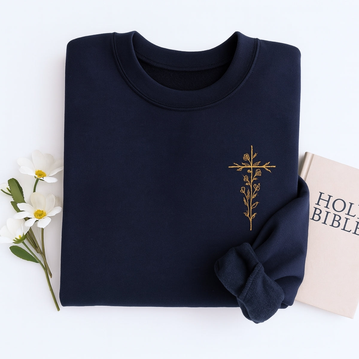 Floral Cross Custom Embroidered Sweatshirt - Christian Botanical Apparel - Faith Gift