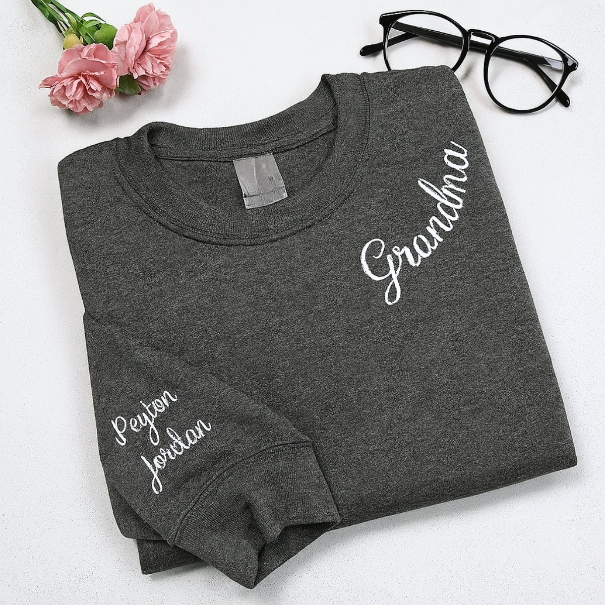 Grandma Crew Neck Custom Embroidered Sweatshirt - Grandchildren Names - Mother's Day Gift
