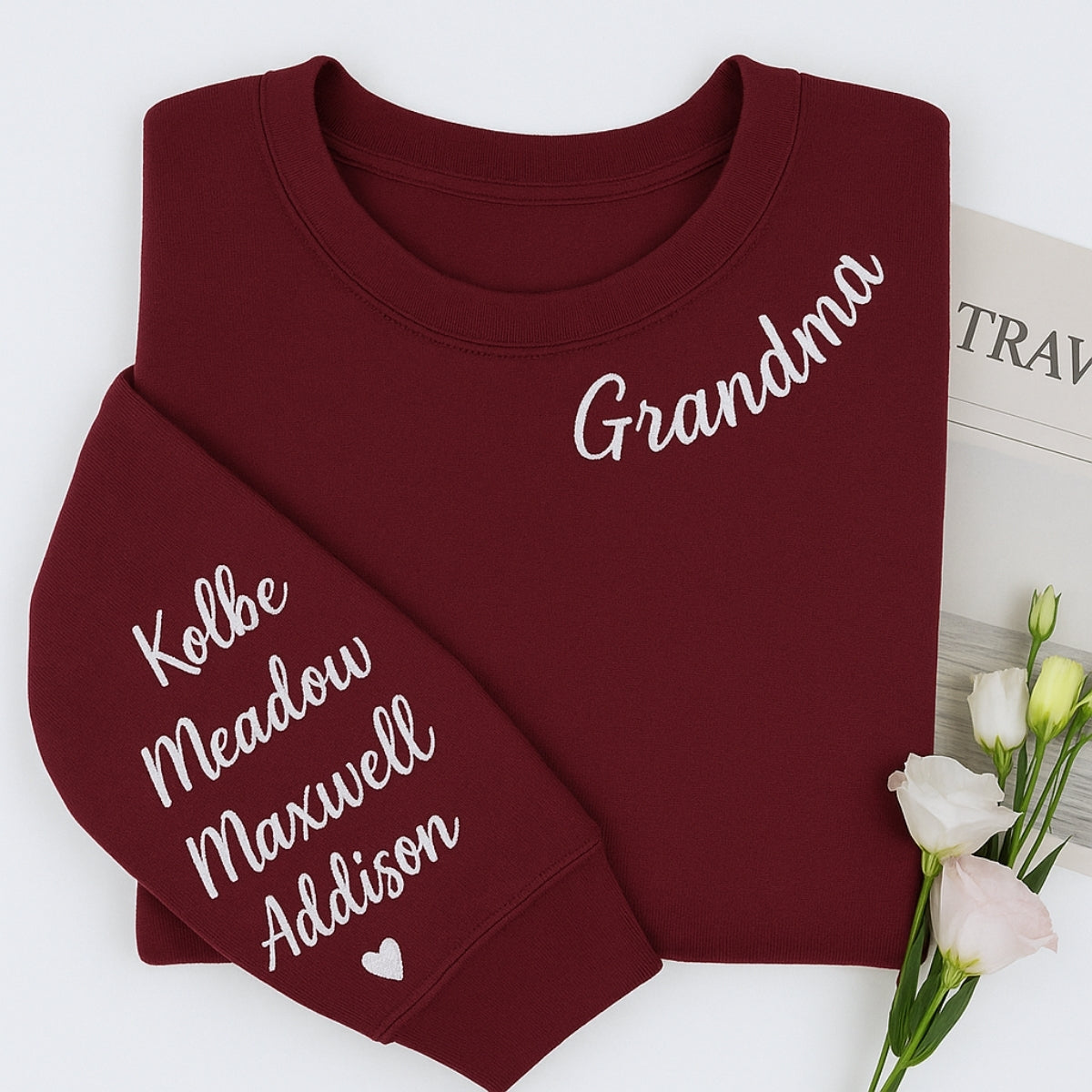 Grandma Crew Neck Custom Embroidered Sweatshirt - Grandchildren Names - Mother's Day Gift