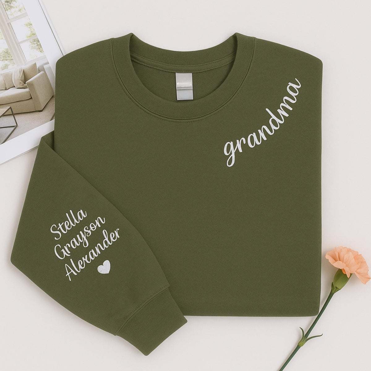 Grandma Crew Neck Custom Embroidered Sweatshirt - Grandchildren Names - Mother's Day Gift