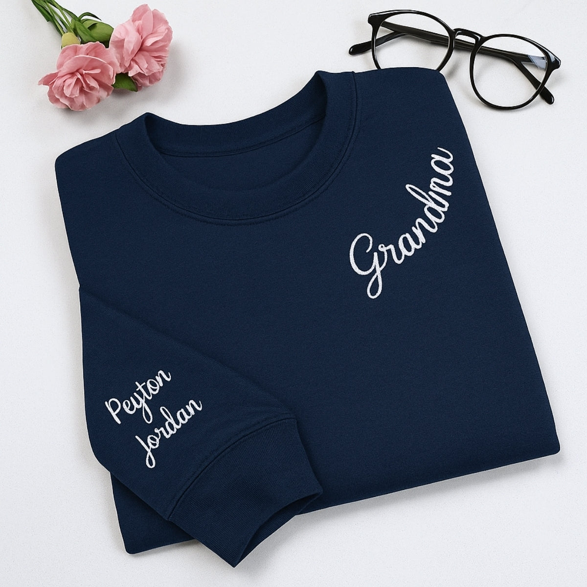Grandma Crew Neck Custom Embroidered Sweatshirt - Grandchildren Names - Mother's Day Gift