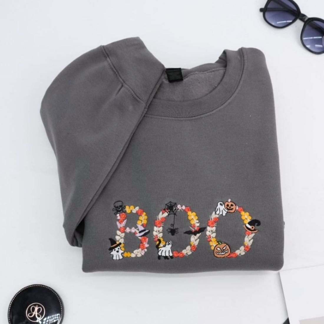 Halloween BOO Custom Embroidered Sweatshirt - Floral Letter Design - Personalized Spooky Apparel
