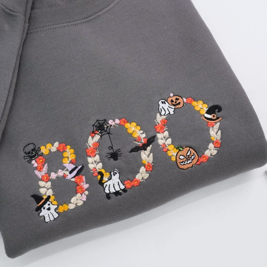 Halloween BOO Custom Embroidered Sweatshirt - Floral Letter Design - Personalized Spooky Apparel