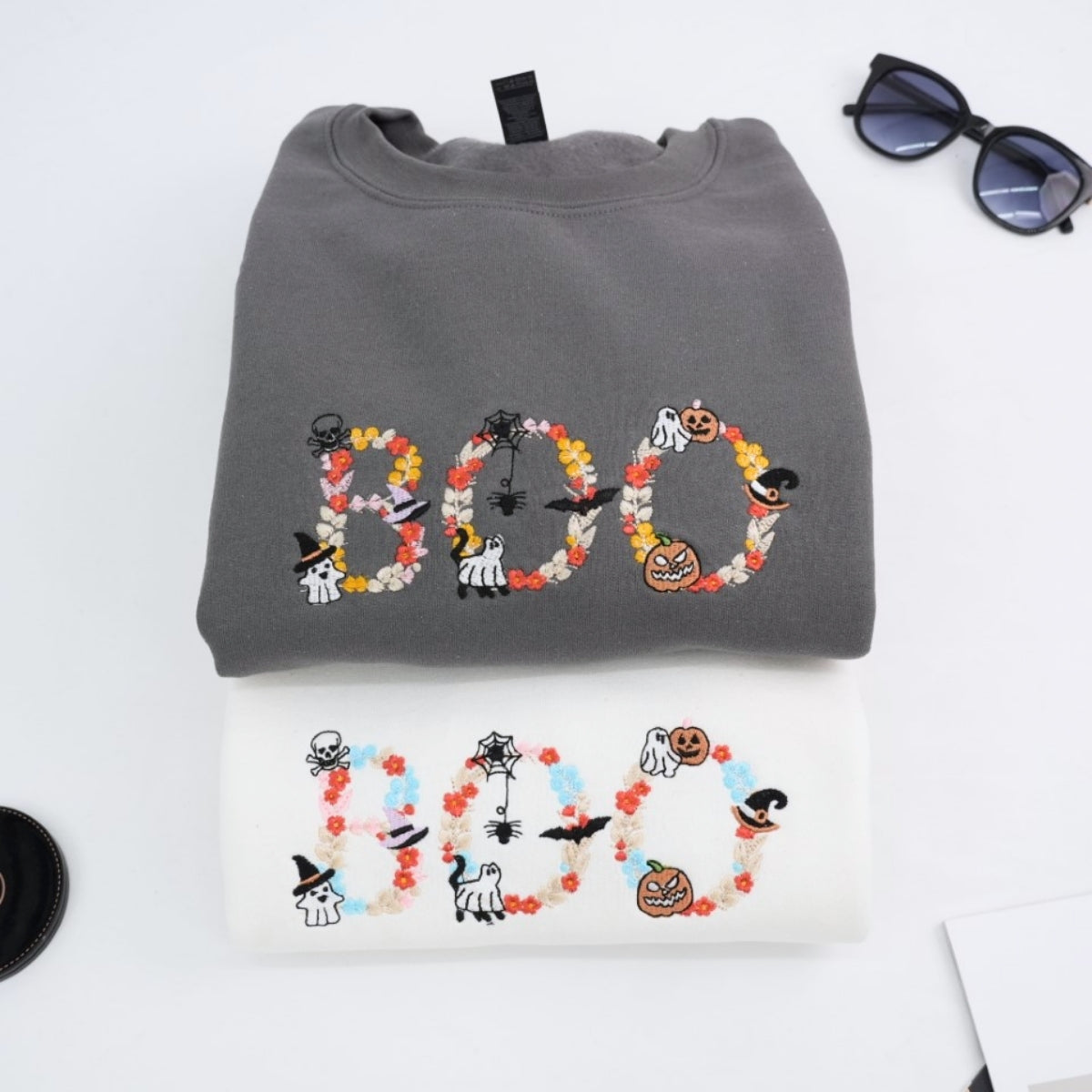 Halloween BOO Custom Embroidered Sweatshirt - Floral Letter Design - Personalized Spooky Apparel