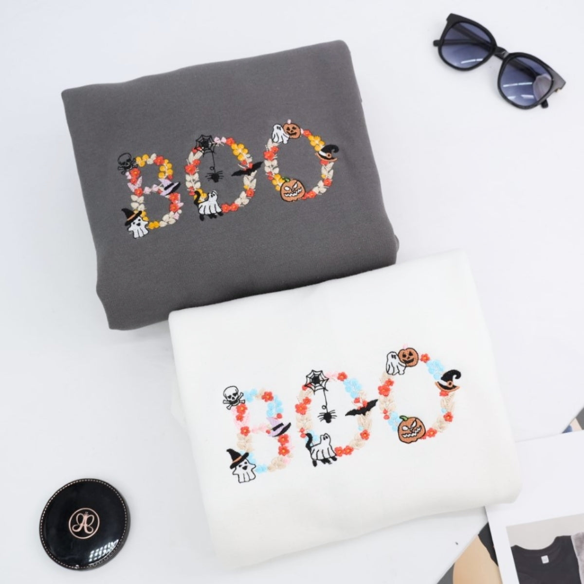 Halloween BOO Custom Embroidered Sweatshirt - Floral Letter Design - Personalized Spooky Apparel