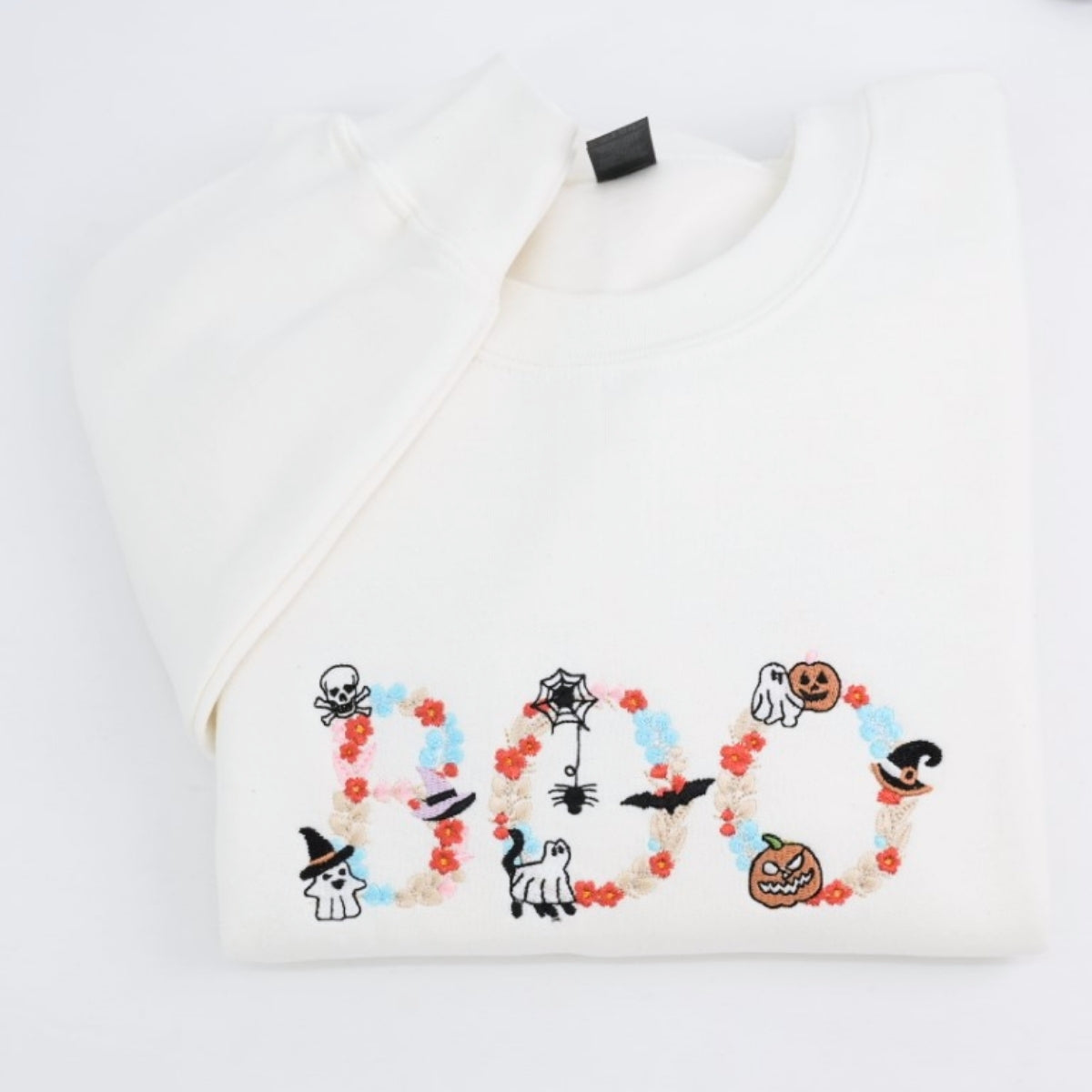 Halloween BOO Custom Embroidered Sweatshirt - Floral Letter Design - Personalized Spooky Apparel