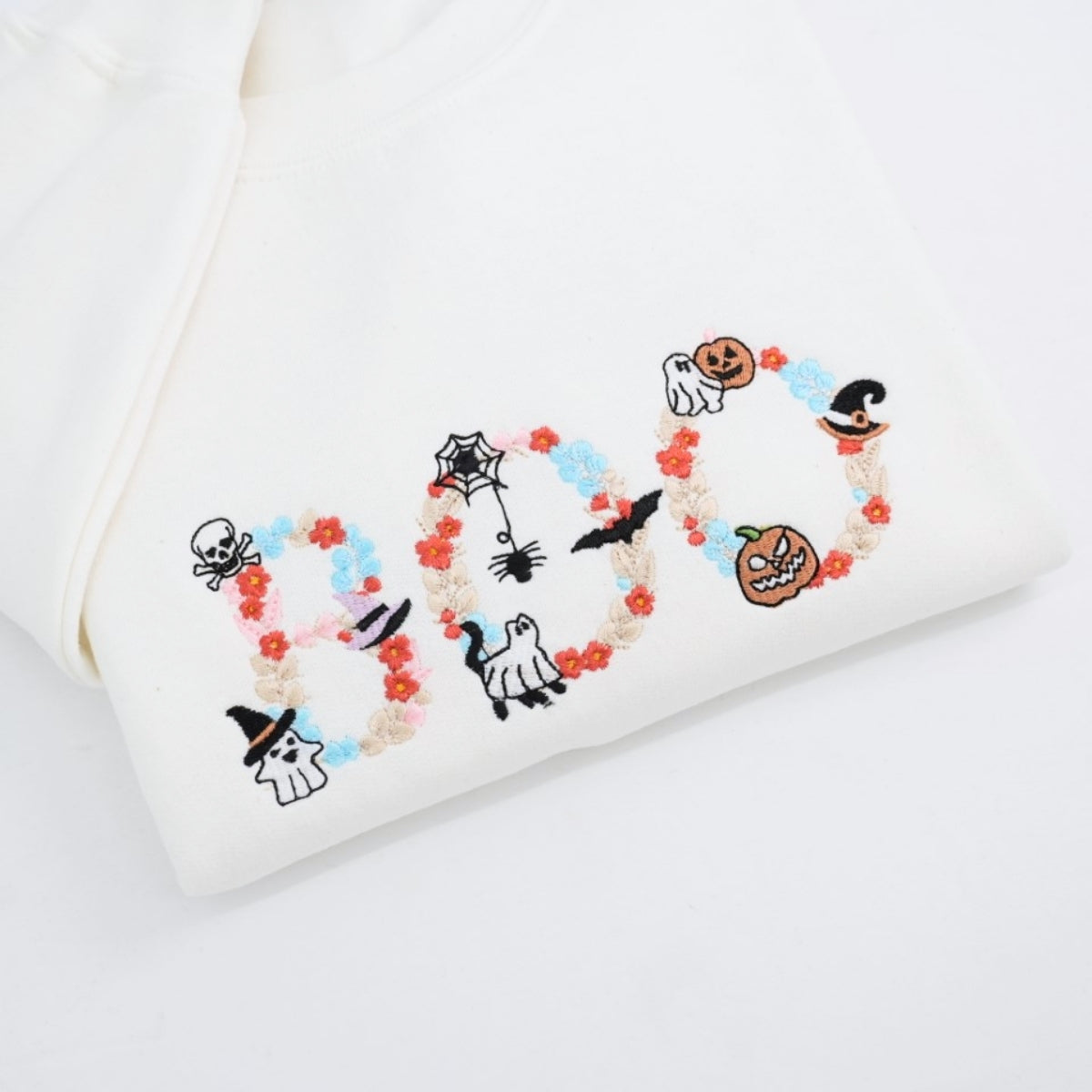 Halloween BOO Custom Embroidered Sweatshirt - Floral Letter Design - Personalized Spooky Apparel