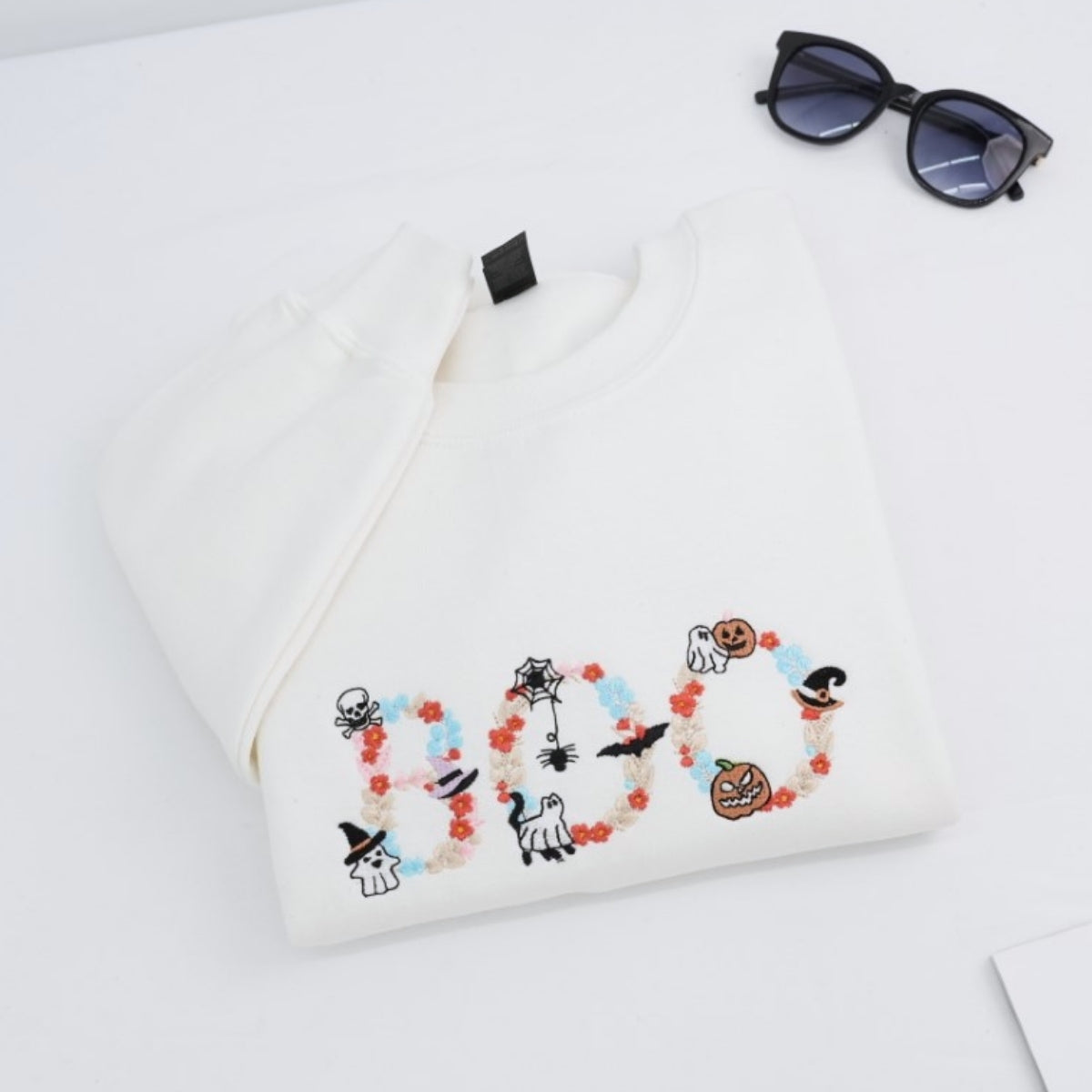 Halloween BOO Custom Embroidered Sweatshirt - Floral Letter Design - Personalized Spooky Apparel