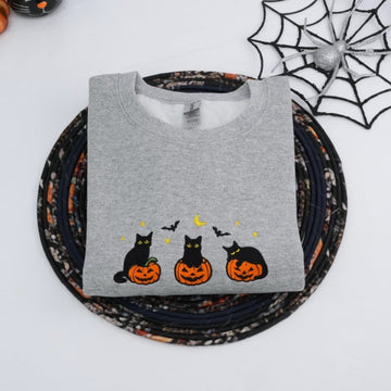 Halloween Cat Lover Custom Embroidered Hoodie - Black Cat Pumpkin Design - Personalized Pet Parent G