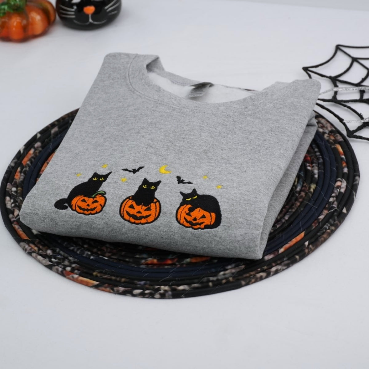Halloween Cat Lover Custom Embroidered Hoodie - Black Cat Pumpkin Design - Personalized Pet Parent G