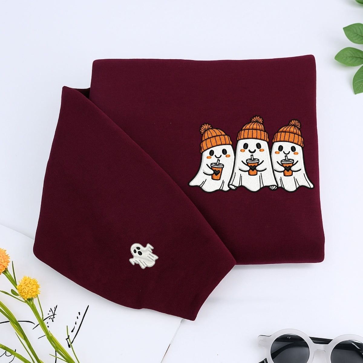Halloween Coffee Ghost Custom Embroidered Hoodie - Cute Spooky Design - Personalized Halloween Gift