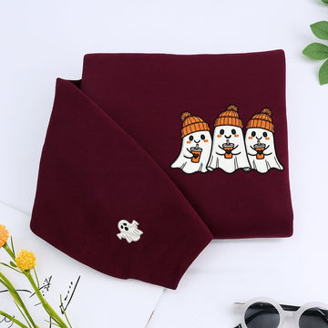 Halloween Coffee Ghost Custom Embroidered Hoodie - Cute Spooky Design - Personalized Halloween Gift