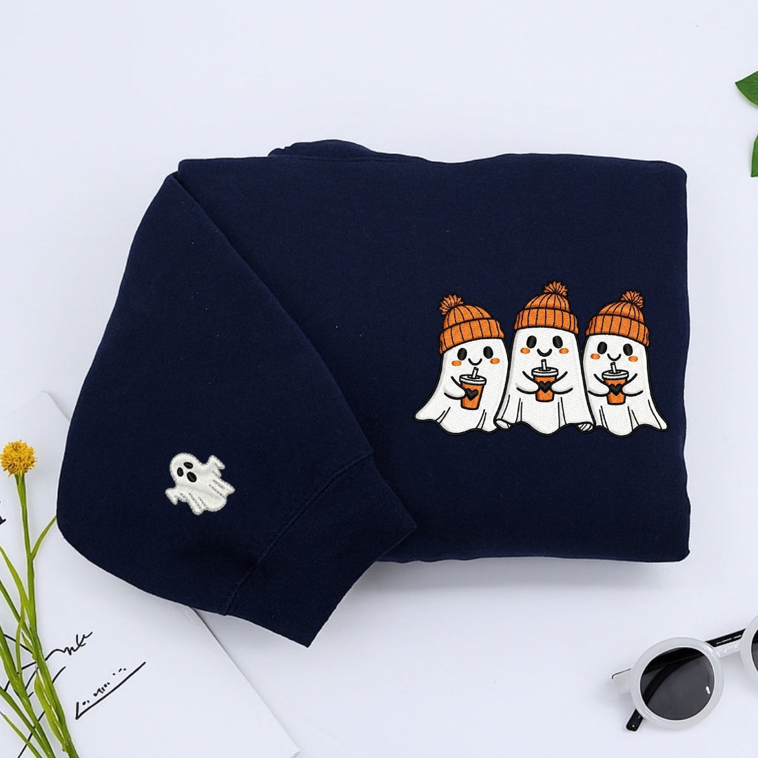 Halloween Coffee Ghost Custom Embroidered Hoodie - Cute Spooky Design - Personalized Halloween Gift