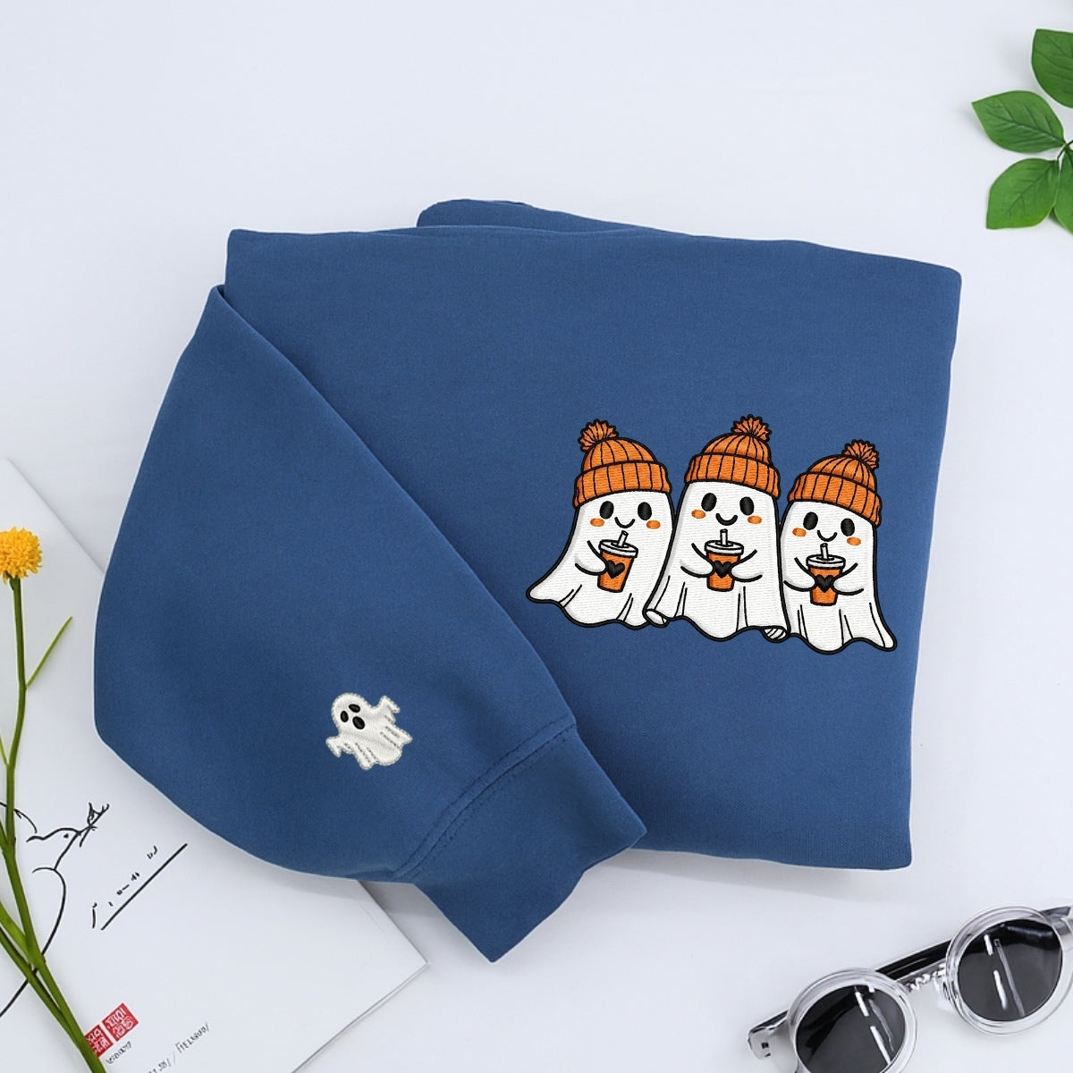 Halloween Coffee Ghost Custom Embroidered Hoodie - Cute Spooky Design - Personalized Halloween Gift