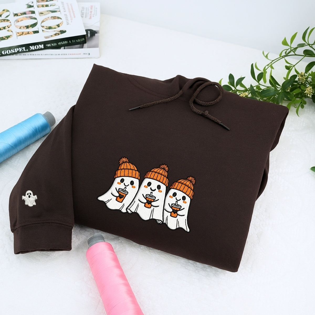 Halloween Coffee Ghost Custom Embroidered Hoodie - Cute Spooky Design - Personalized Halloween Gift