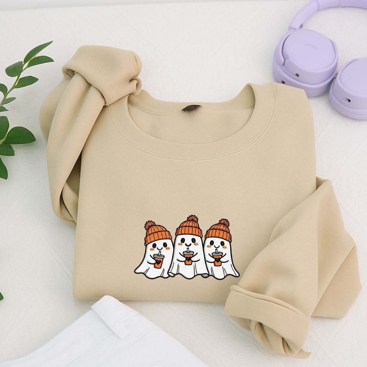 Halloween Coffee Ghost Custom Embroidered Hoodie - Cute Spooky Design - Personalized Halloween Gift