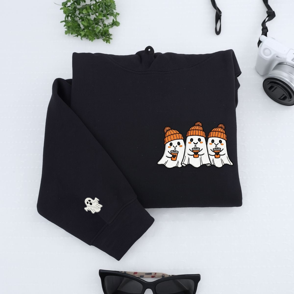 Halloween Coffee Ghost Custom Embroidered Hoodie - Cute Spooky Design - Personalized Halloween Gift