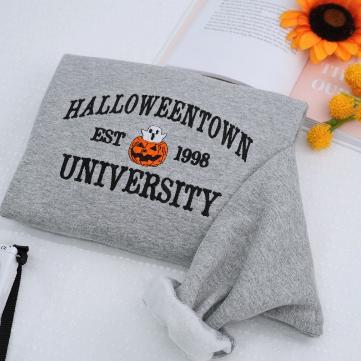 Halloween College Custom Embroidered Hoodie - Pumpkin University Design - Vintage Campus Apparel