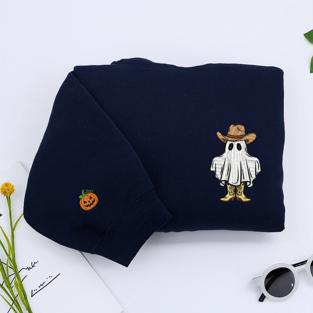 Halloween Cowboy Ghost Custom Embroidered Hoodie - Western Spooky Design - Personalized Halloween Gi
