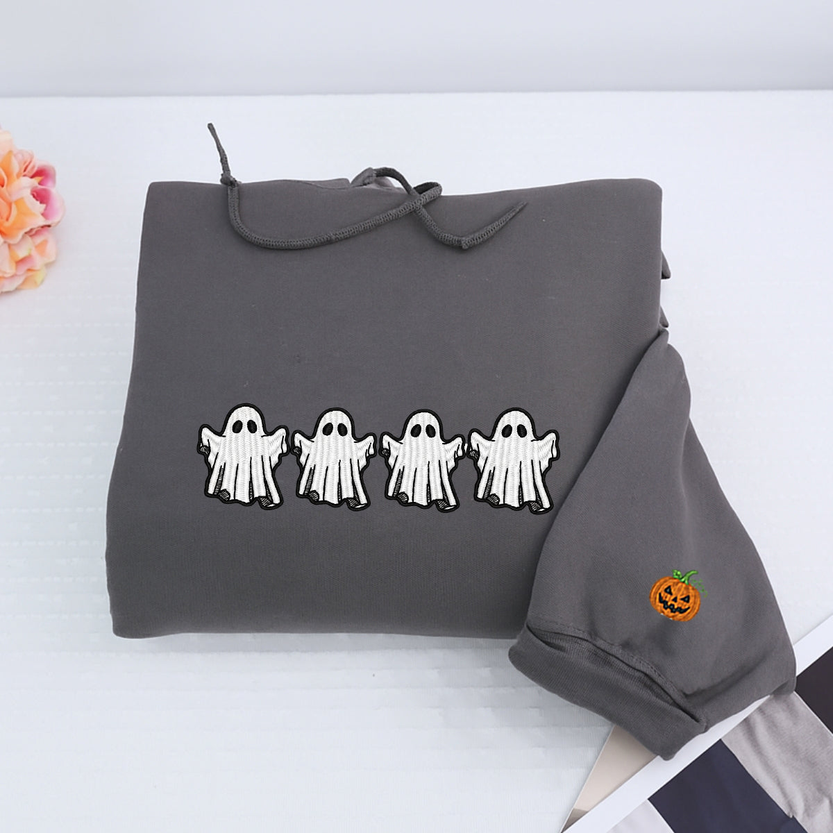 Halloween Custom Embroidered Hoodie - Ghost & Bat Design - Personalized Spooky Season Gift