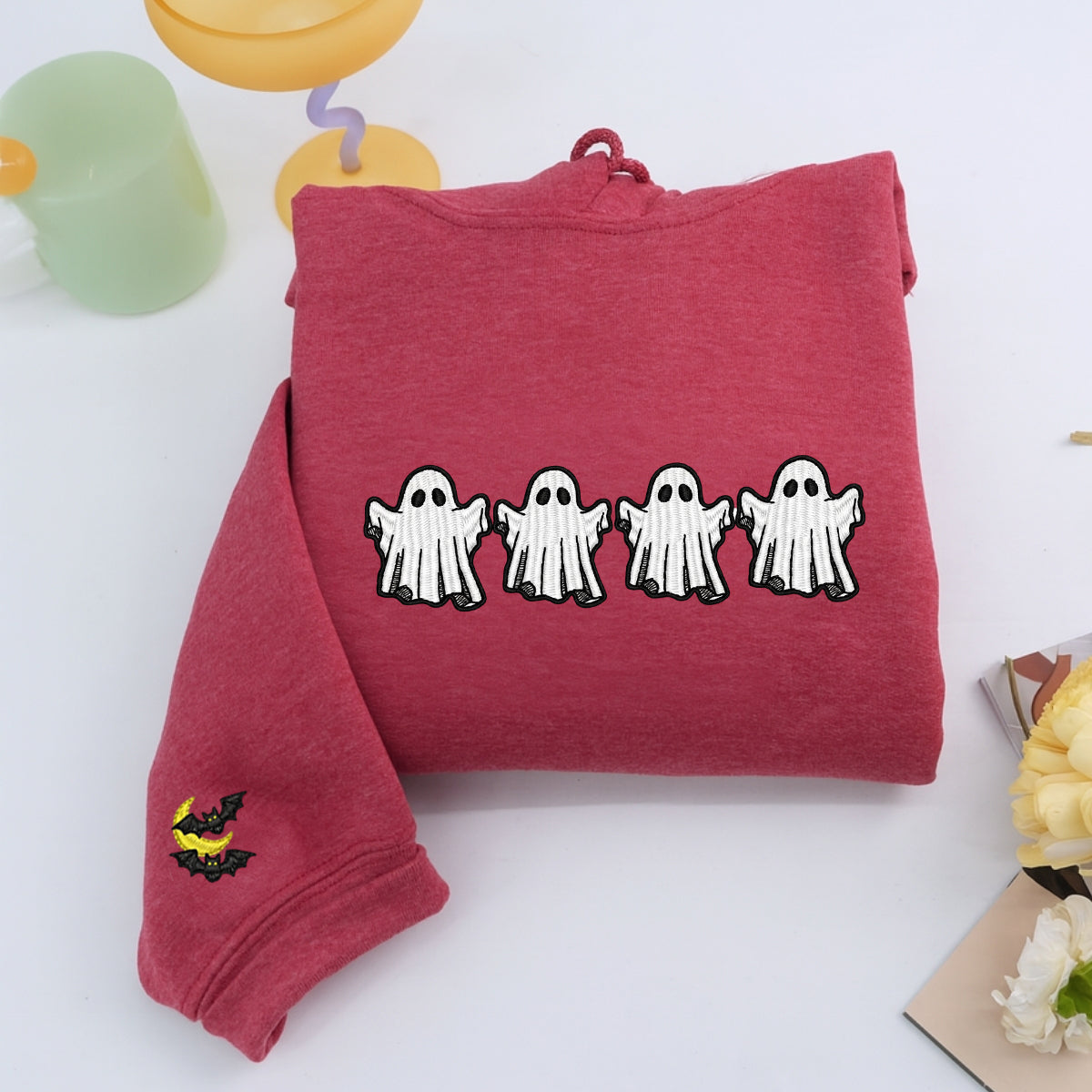 Halloween Custom Embroidered Hoodie - Ghost & Bat Design - Personalized Spooky Season Gift
