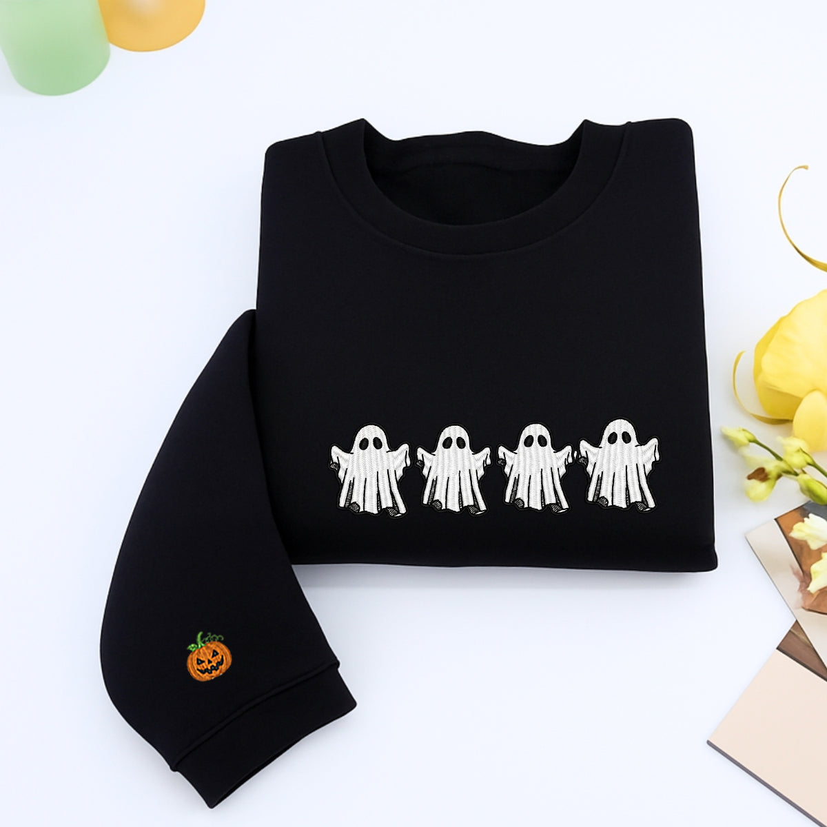Halloween Custom Embroidered Hoodie - Ghost & Bat Design - Personalized Spooky Season Gift