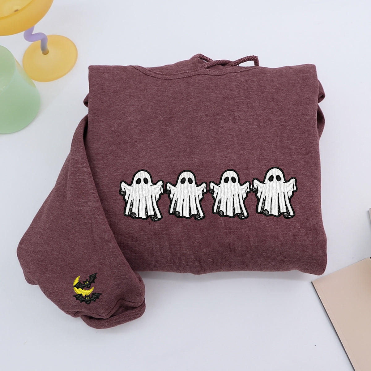 Halloween Custom Embroidered Hoodie - Ghost & Bat Design - Personalized Spooky Season Gift